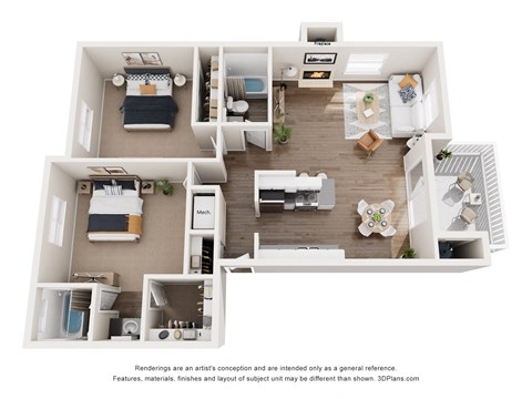 Floor plan for 2 beds, 2 baths, 925 sqft